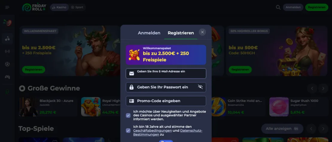 Registrierungsformular bei Fridayroll mit Kontowährung EUR